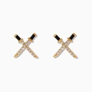 Elegant Crossed Swords Stud‎ Earrings Black Enamel Zircon
